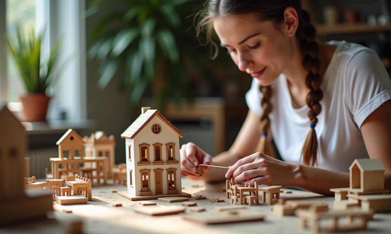 Mãos habilidosas criando móveis para casinha de boneca, utilizando diversos materiais.