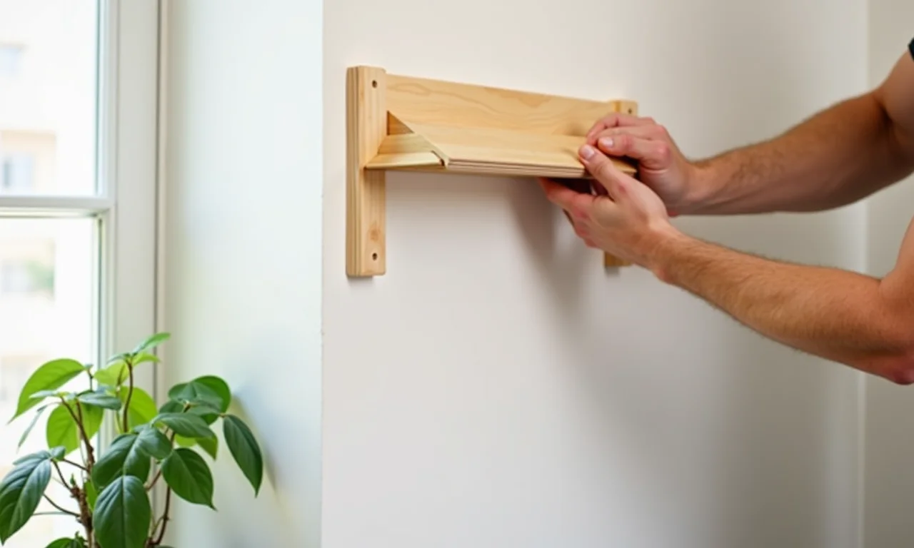 Mãos instalando uma prateleira de madeira em uma parede de drywall, com um vaso de planta próximo.