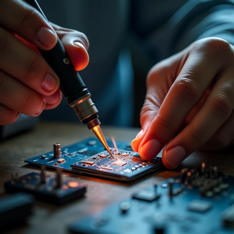 Mãos isolando cuidadosamente um ferro de solda, demonstrando medidas de segurança.