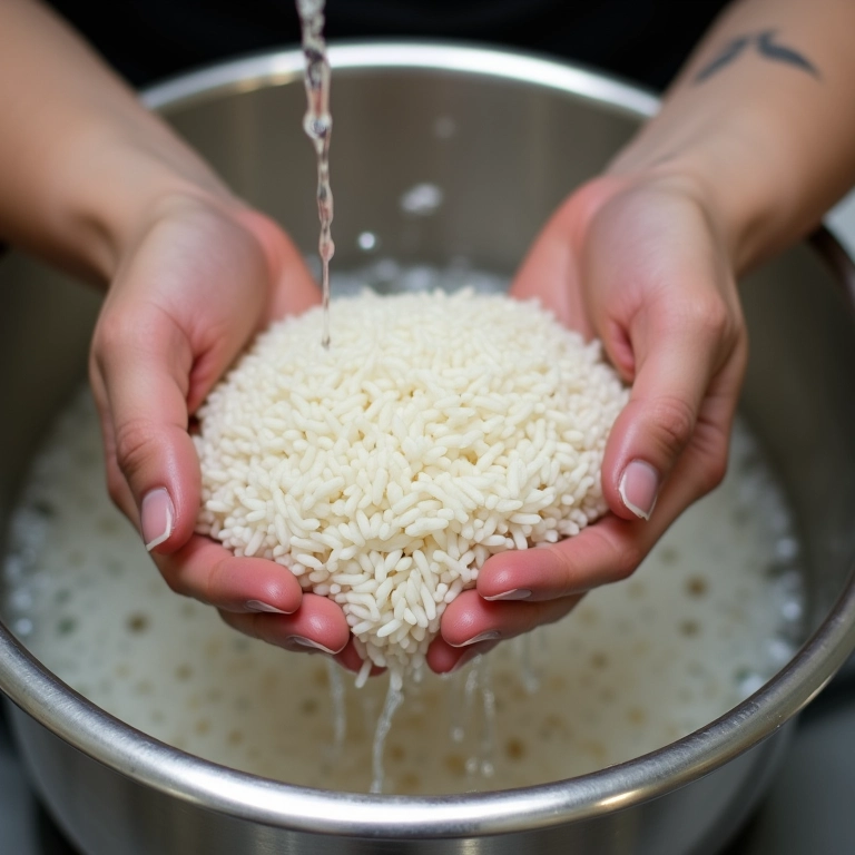 Mãos lavando arroz em água corrente.
