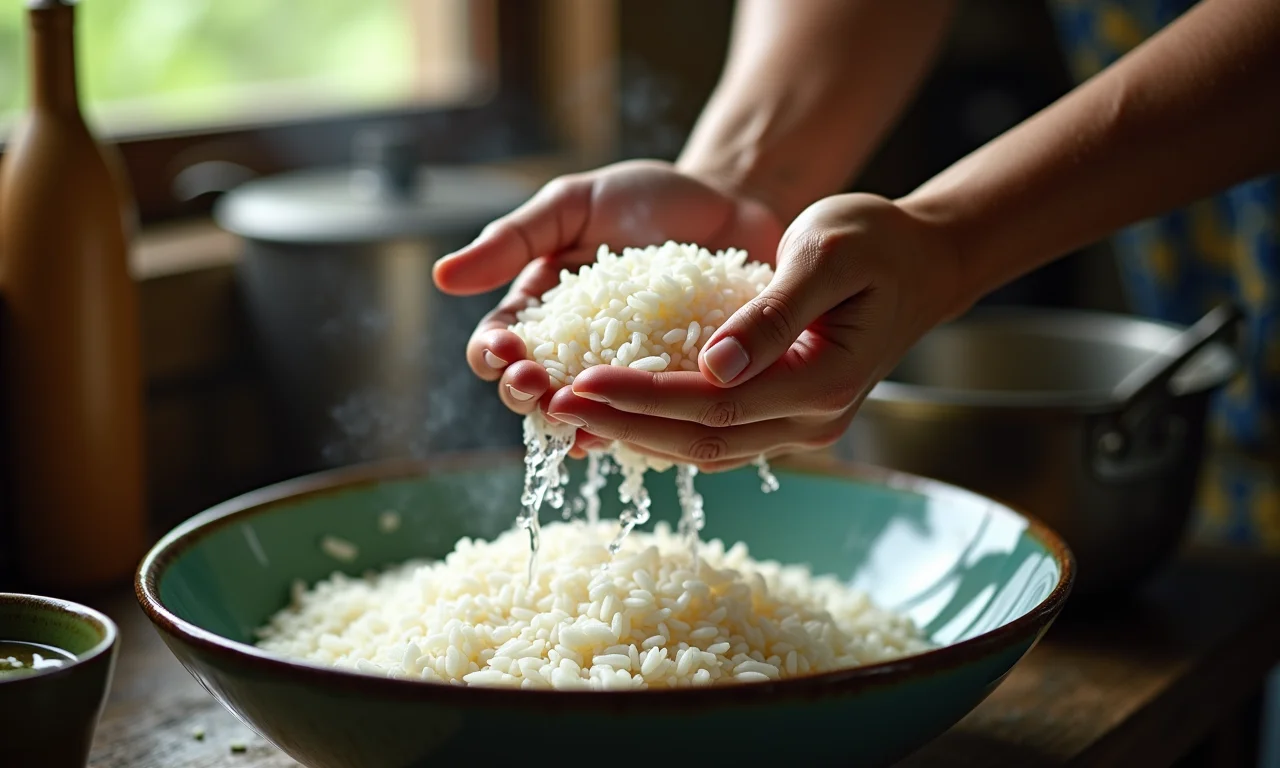 Mãos lavando arroz em uma cozinha brasileira.