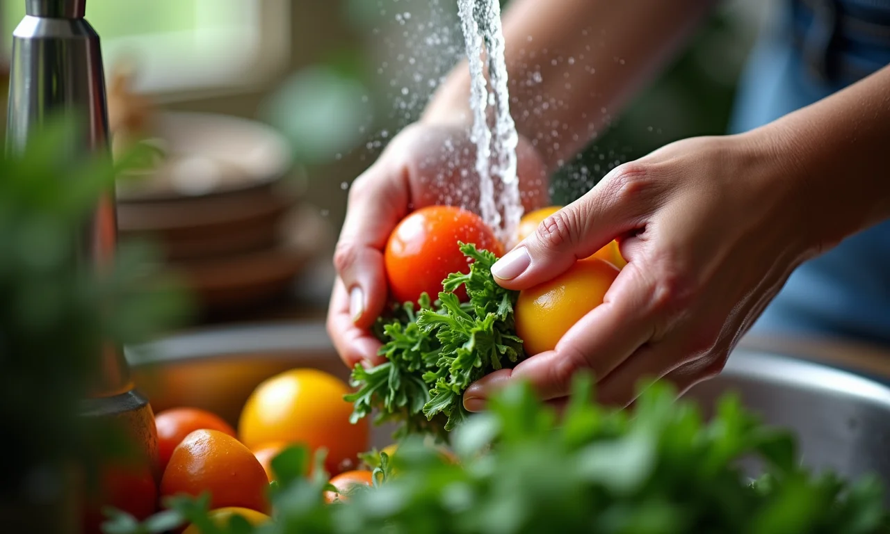 Mãos lavando cuidadosamente frutas e vegetais frescos para o suco.