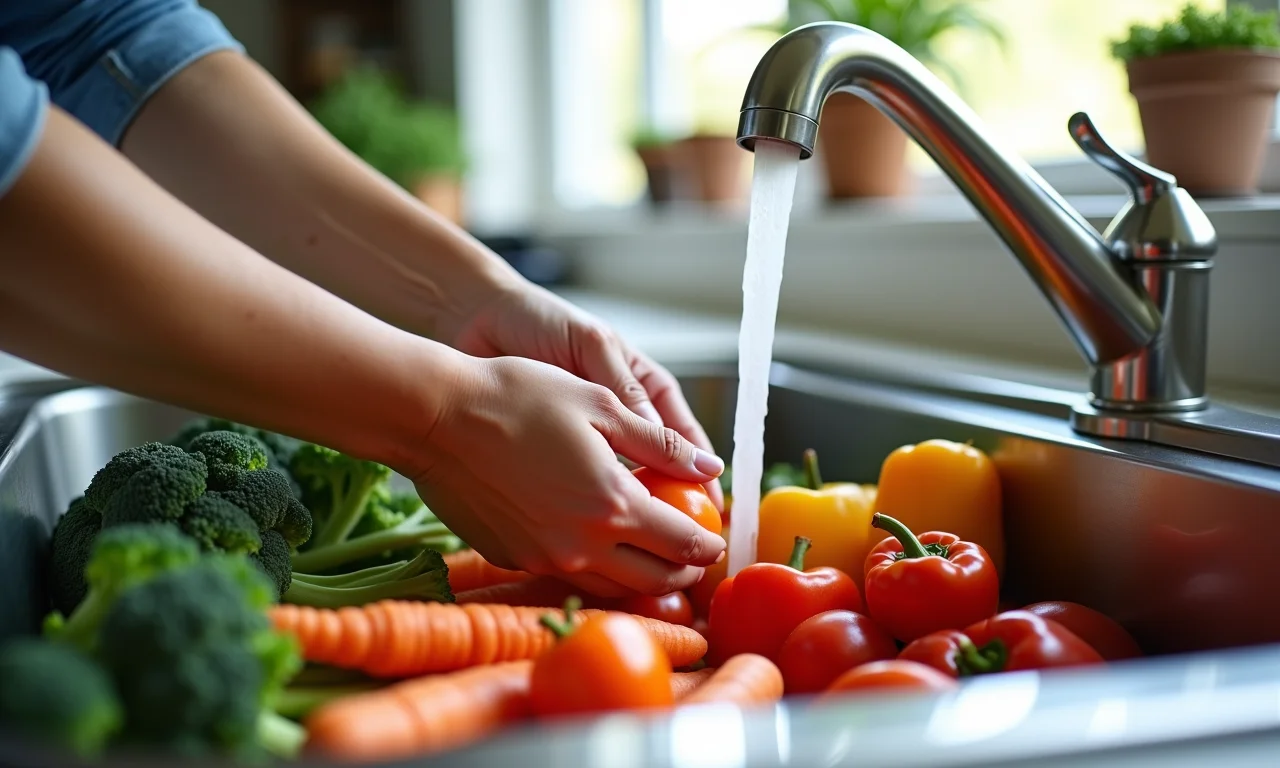Mãos lavando cuidadosamente vegetais frescos em uma pia de aço inoxidável.