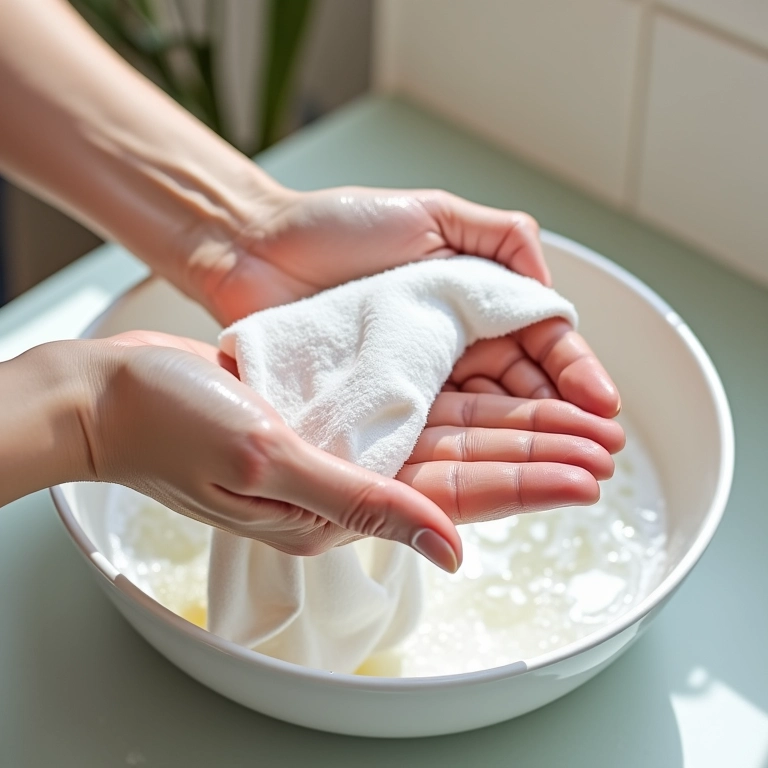 Mãos lavando delicadamente capa de TNT em bacia.