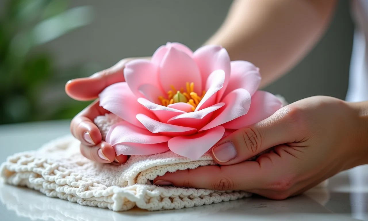 Mãos limpando delicadamente flores de EVA com pano macio e água.