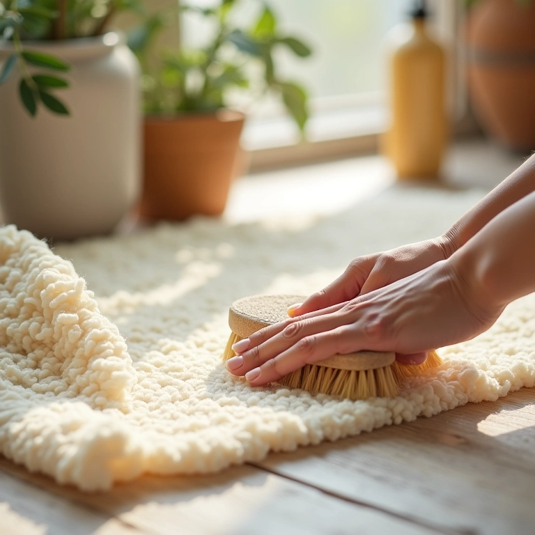 Mãos limpando delicadamente um tapete de lã com escova macia.