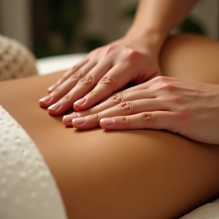 Mãos massageando suavemente o abdômen de uma mulher.