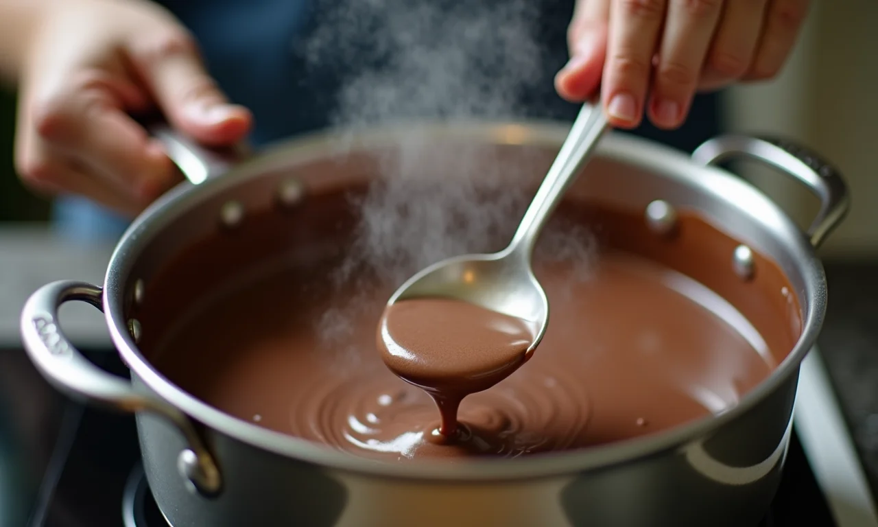 Mãos mexendo chocolate quente com amido de milho para engrossar.