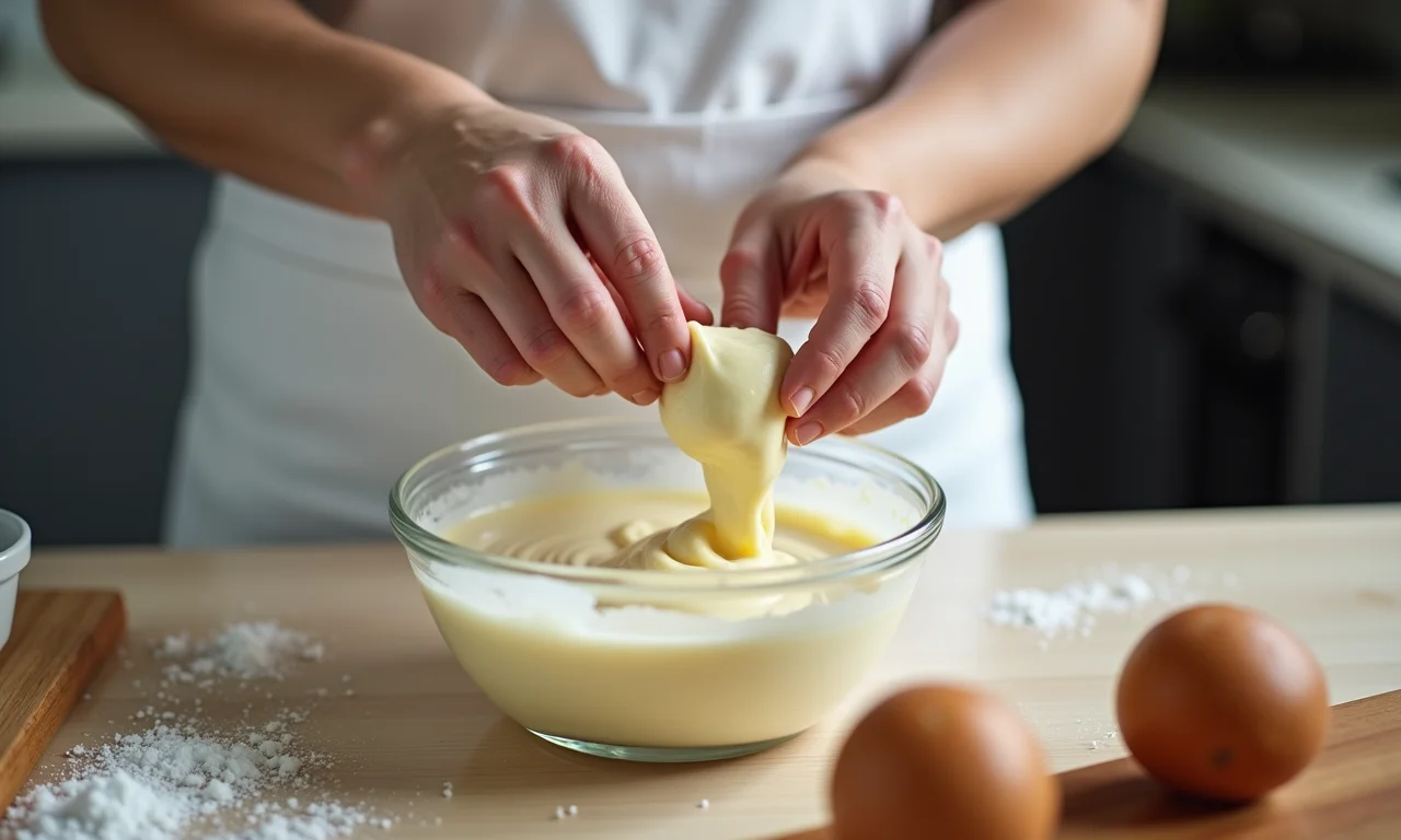 Mãos misturando Leite Ninho em uma receita de mousse, destacando a textura.