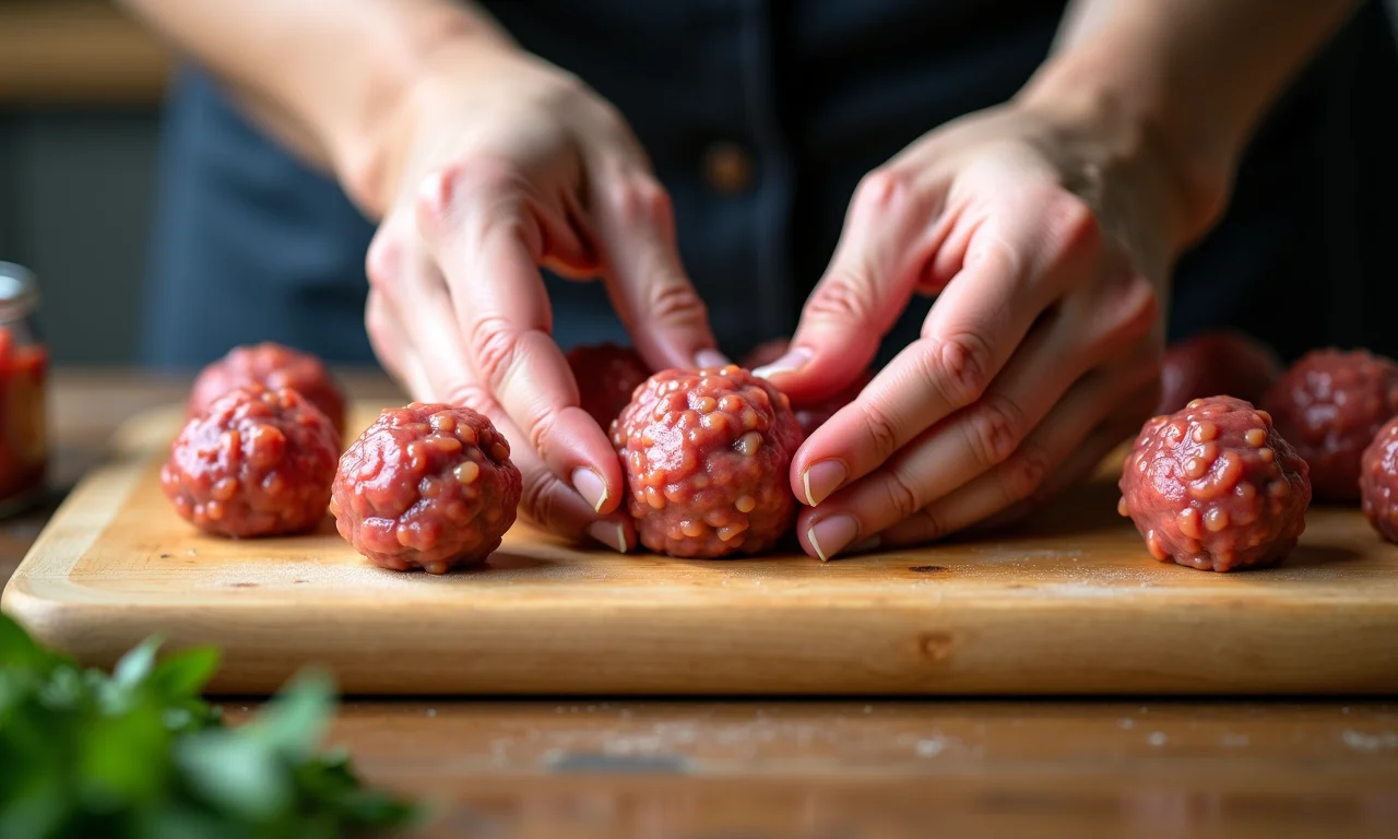 Mãos modelando almôndegas perfeitas e uniformes em uma tábua de madeira.
