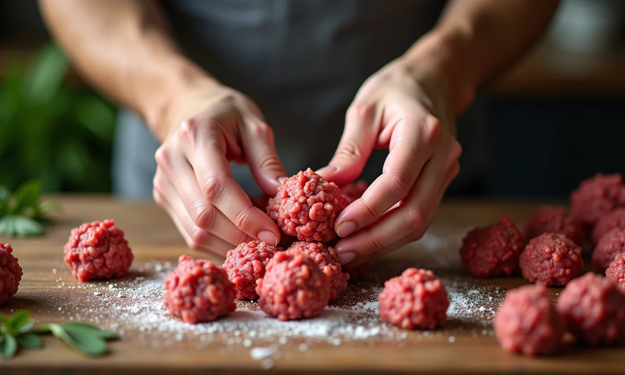 Mãos modelando cuidadosamente bolinhos de carne em uma bancada de cozinha.