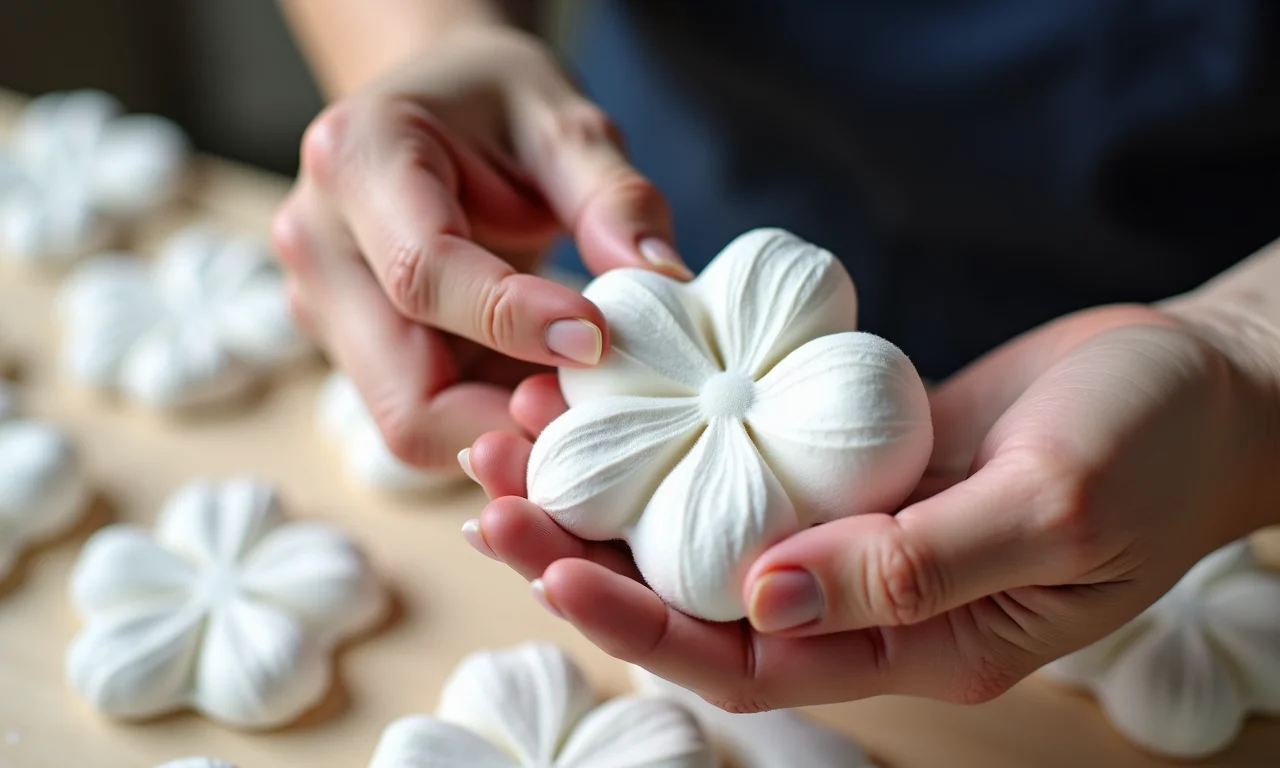 Mãos moldando EVA sem moldes, criando flores de forma livre.