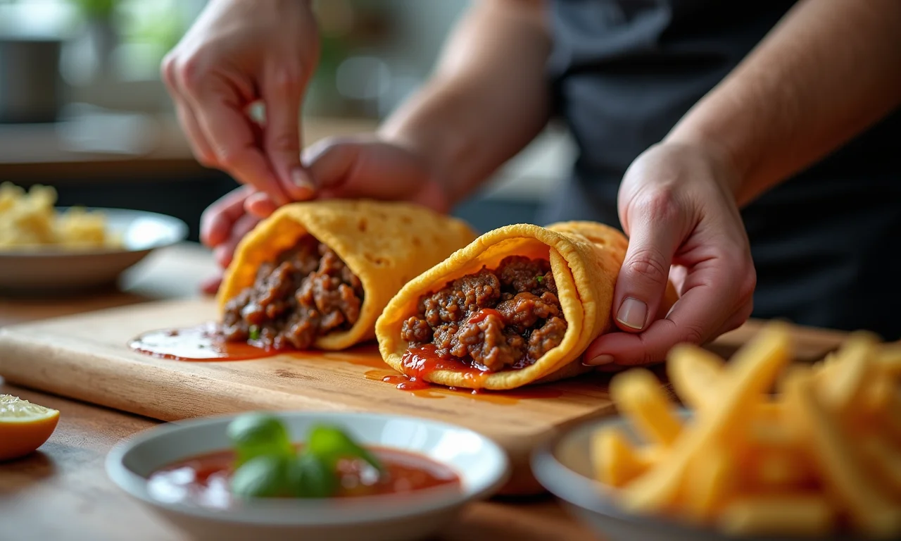 Mãos montando cuidadosamente as panquecas de carne moída.