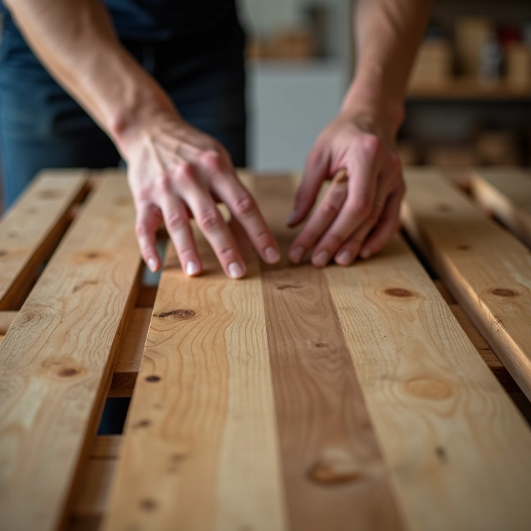 Mãos montando móveis de palete com foco em sustentabilidade.