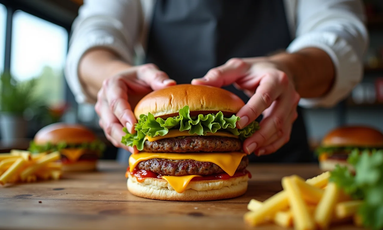 Mãos montando um Big Mac, mostrando a ordem dos ingredientes.