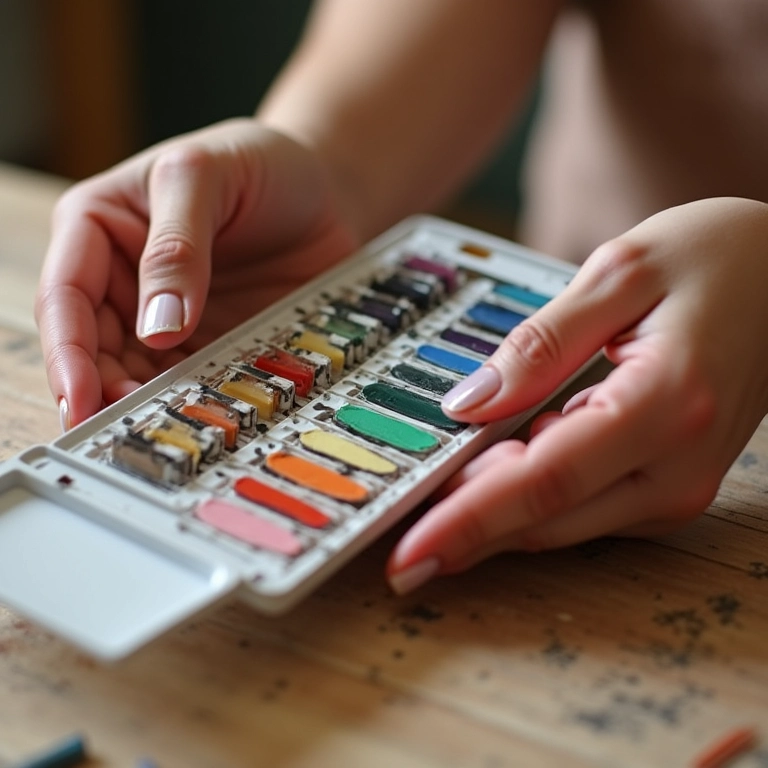 Mãos montando um kit de pintura como lembrancinha.