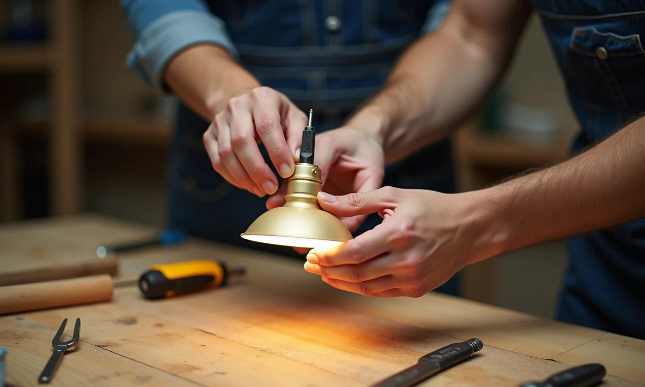 Mãos montando um pendente DIY, passo a passo.