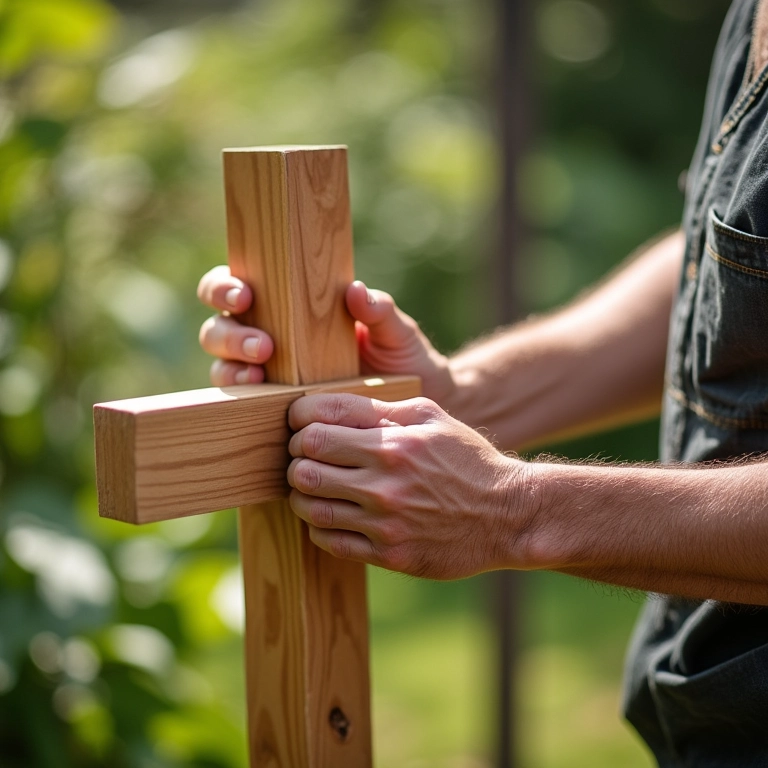 Mãos montando uma treliça de madeira ao ar livre.