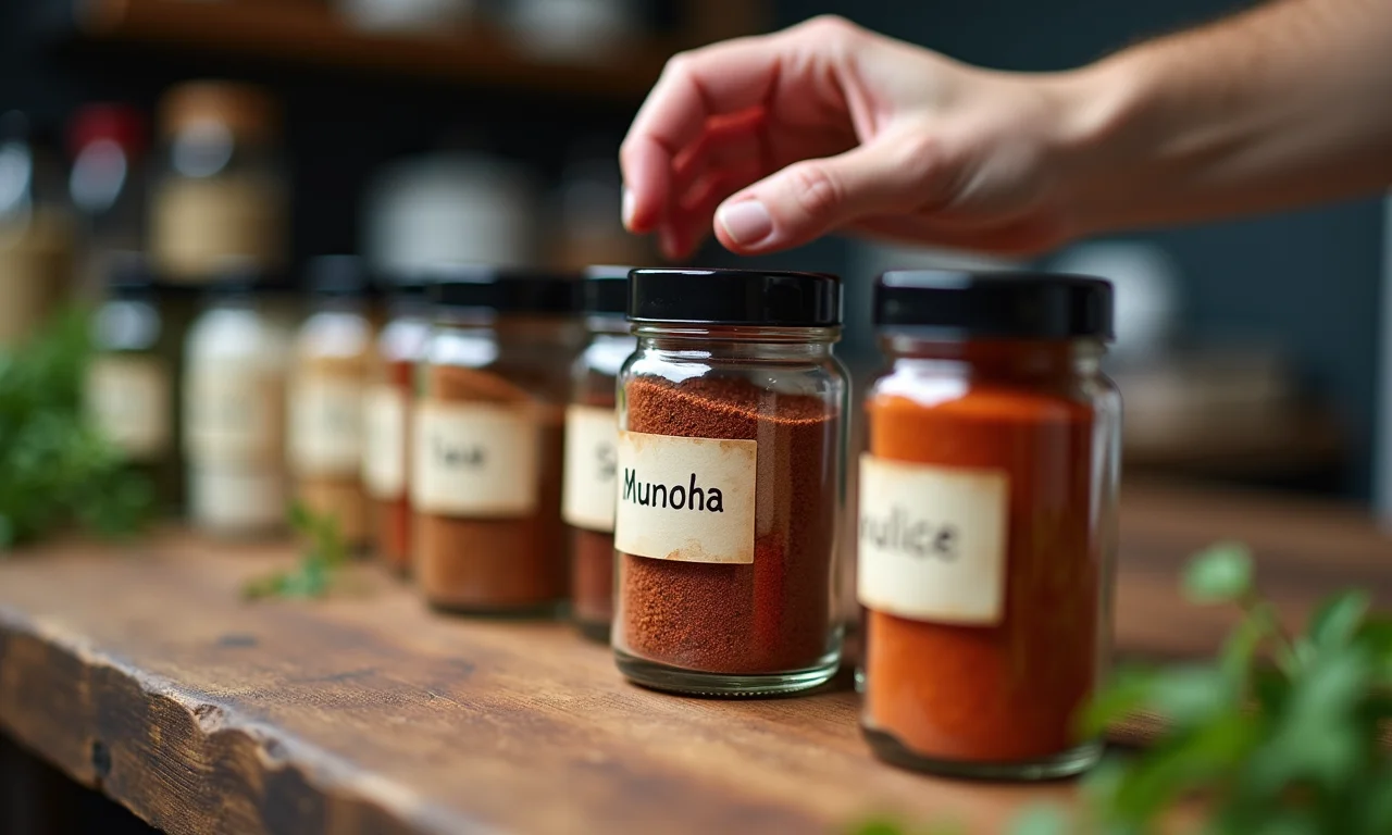 Mãos pegando potes de especiarias etiquetados em uma cozinha rústica.