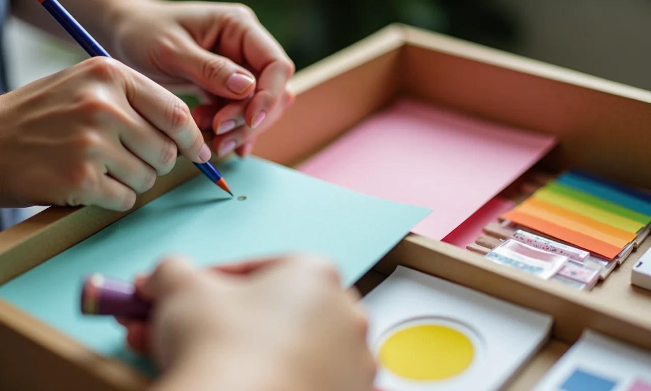 Mãos personalizando caixa organizadora de papelão com papel colorido.