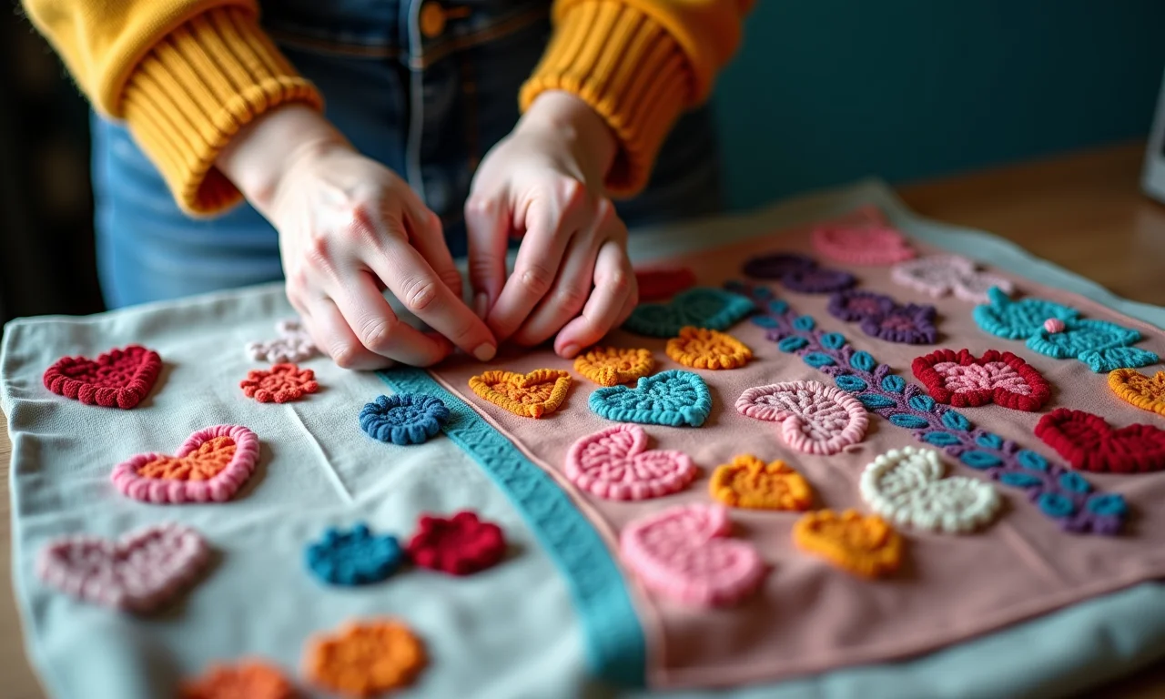 Mãos personalizando um poncho de tecido com bordados e apliques.