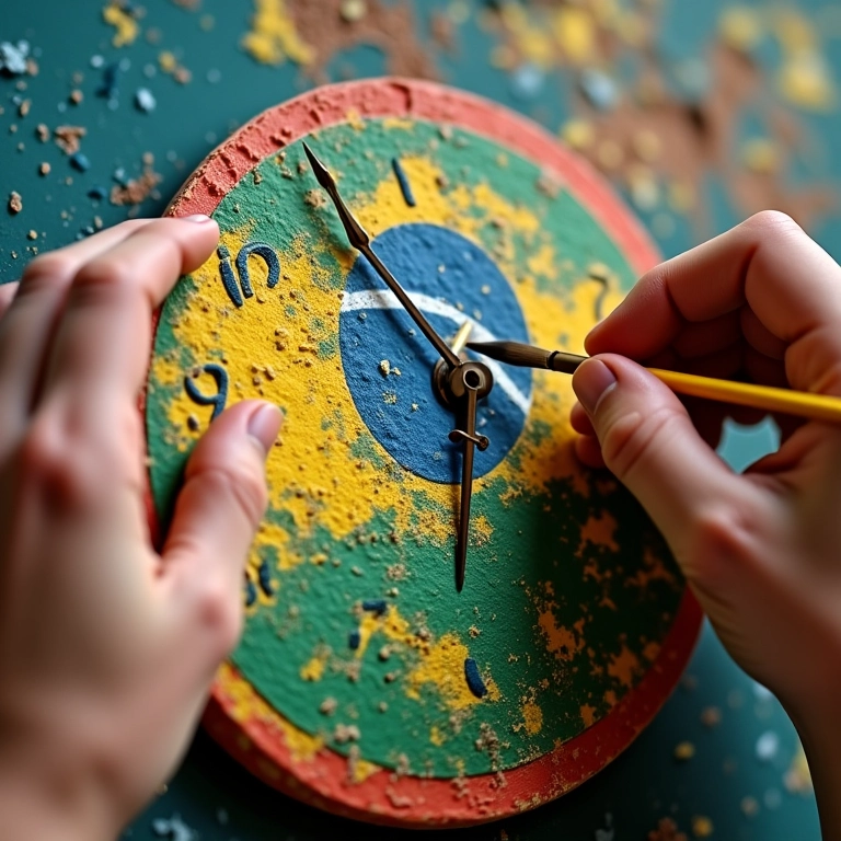 Mãos pintando mostrador de relógio com cores vibrantes e padrões.