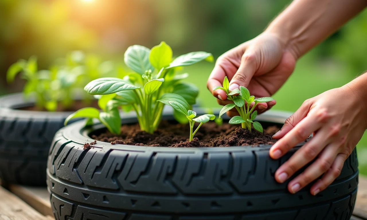 Mãos plantando mudas em pneus transformados em vasos.