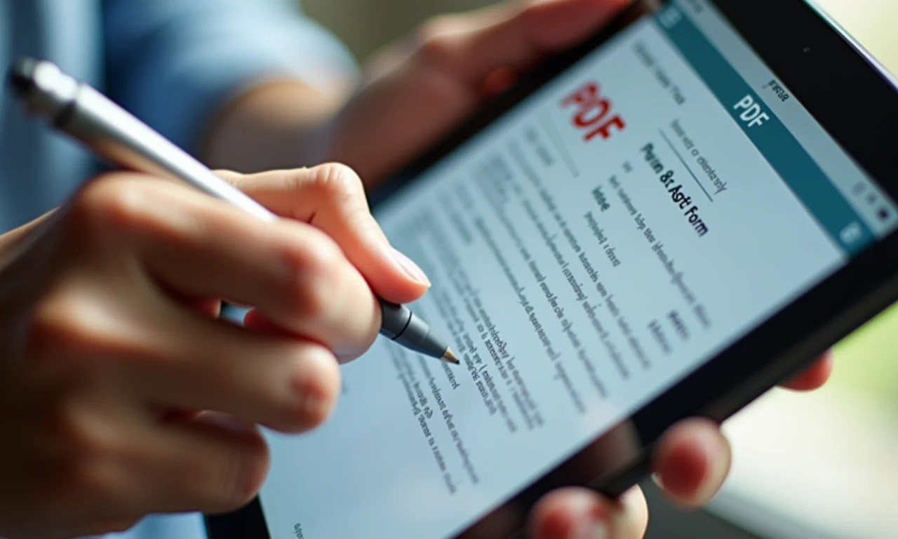 Mãos preenchendo formulário PDF em um tablet.