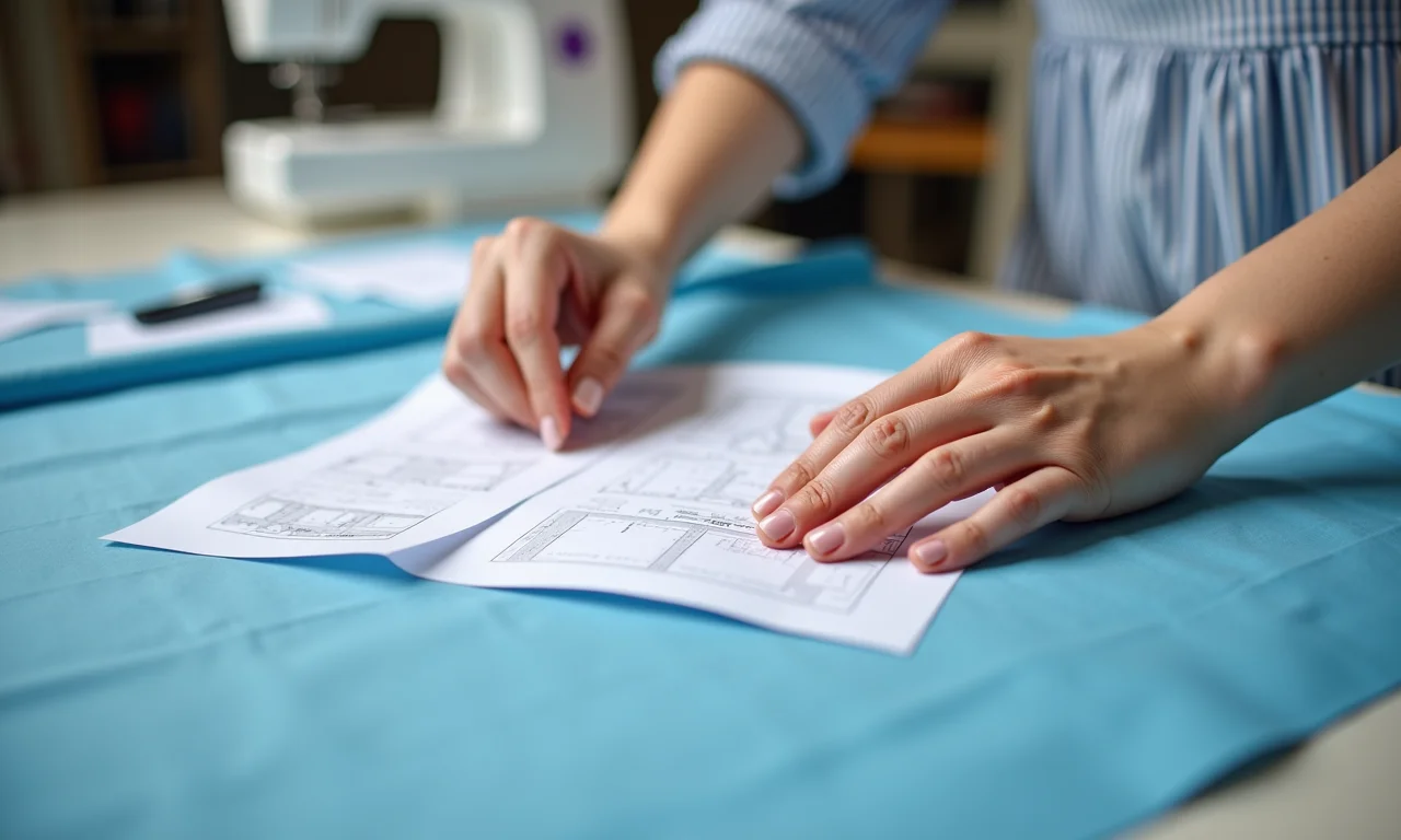 Mãos prendendo molde de papel em tecido azul para vestido da Frozen.
