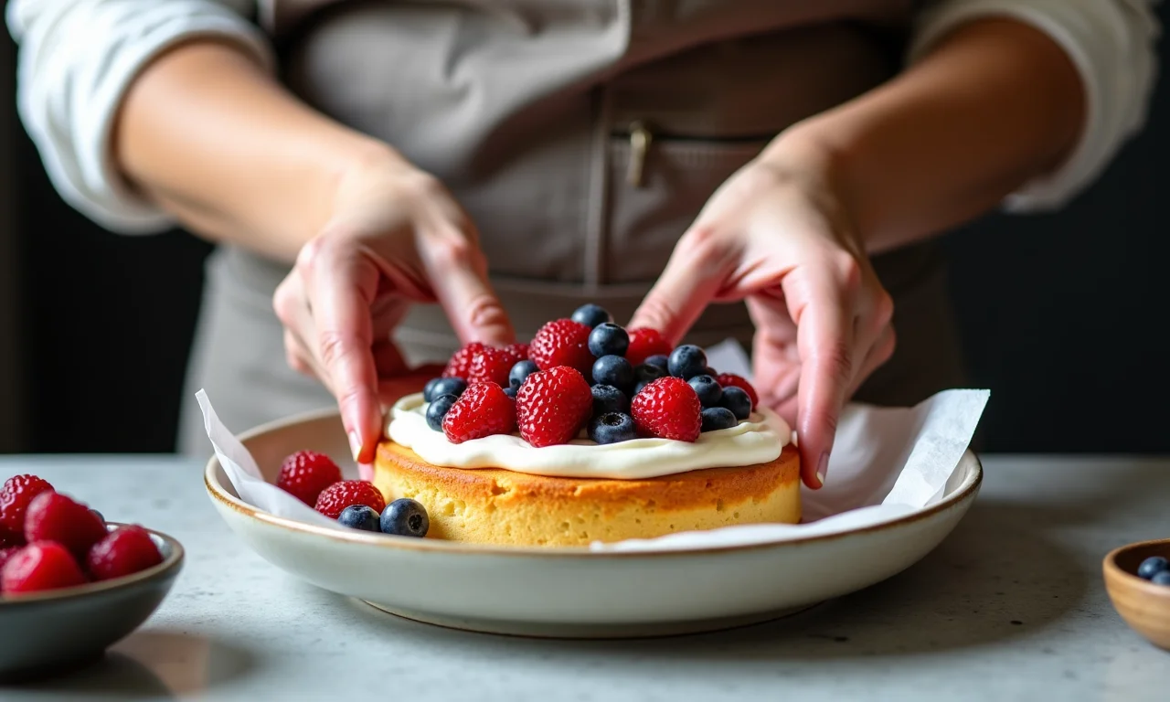 Mãos preparando a torta Charlotte: biscoitos, creme e frutas.