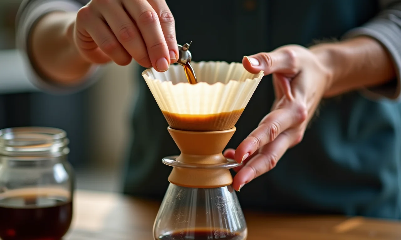 Mãos preparando café no filtro de papel.