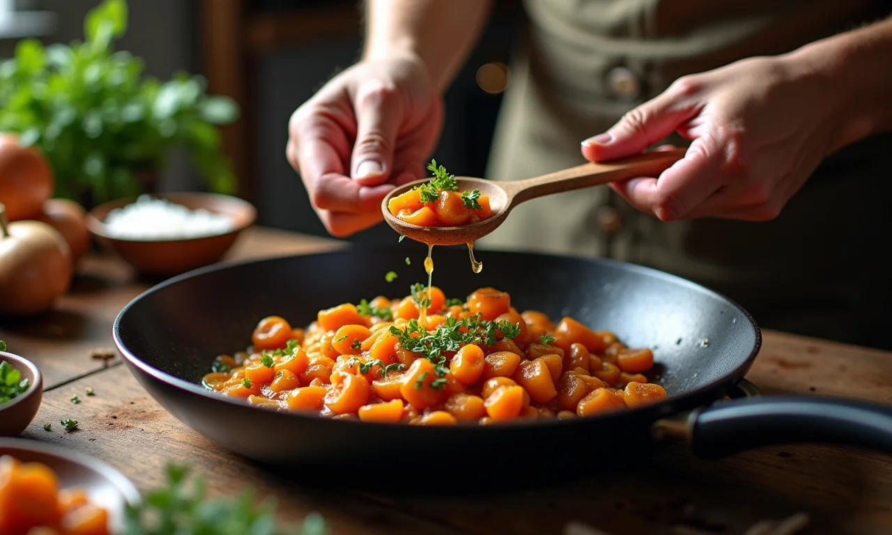 Mãos preparando feijão tropeiro em uma panela, passo a passo.