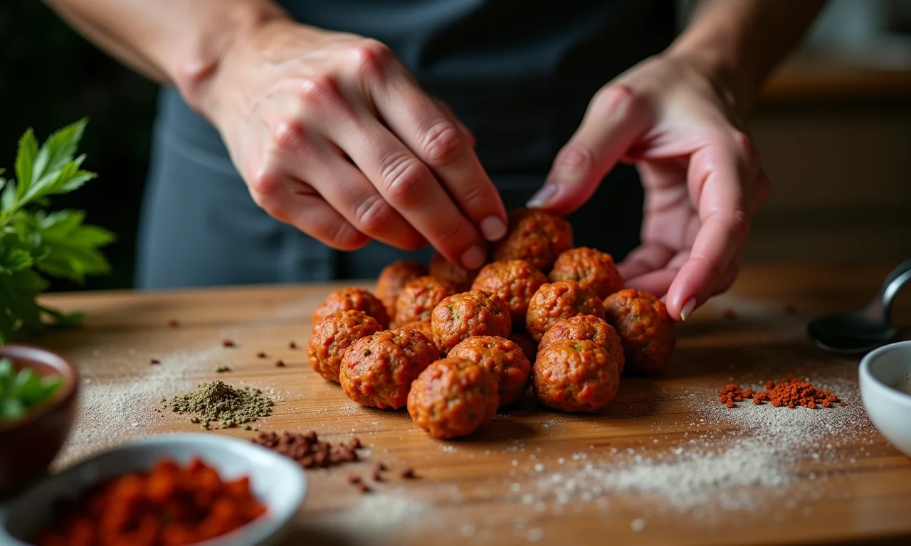 Mãos preparando kofta em mesa de madeira com especiarias, em cozinha estilo Farm Rio.