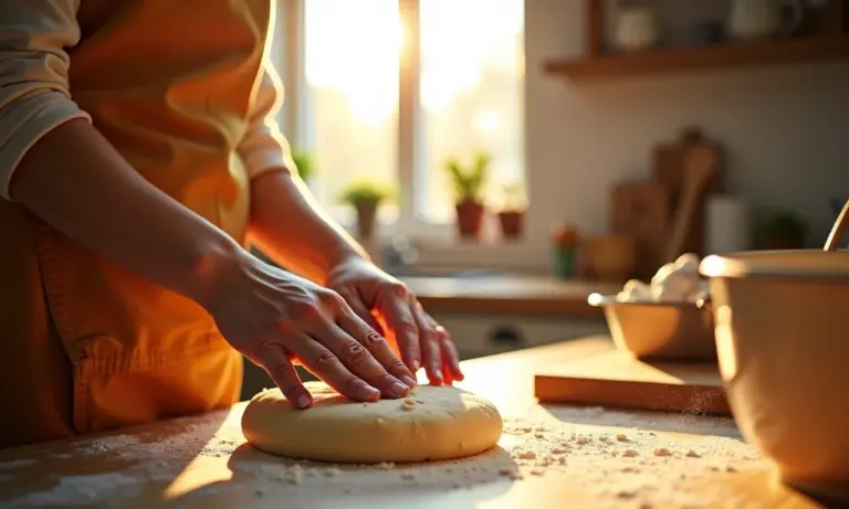 Mãos preparando massa em cozinha ensolarada, transmitindo aconchego e memórias afetivas.