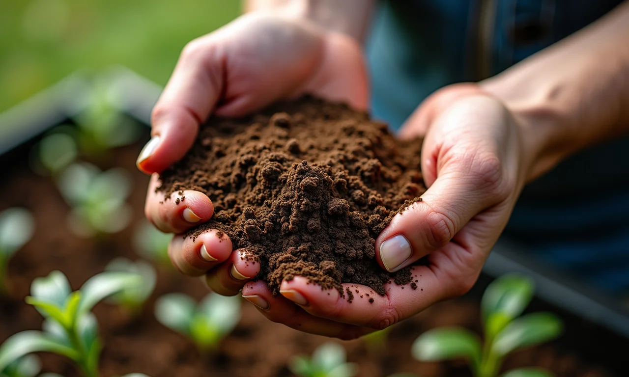 Mãos preparando o substrato ideal para muda de pupunha.