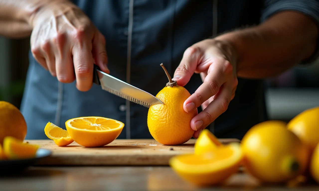 Mãos preparando pequi em uma cozinha tradicional brasileira.