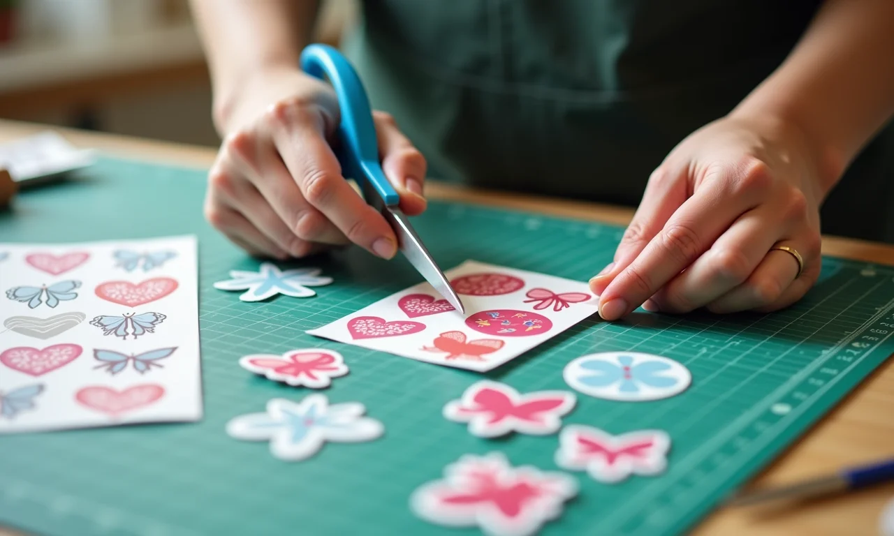 Mãos recortando adesivos com tesoura e estilete.
