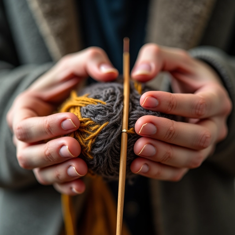 Mãos segurando agulhas de tricô de diferentes tamanhos com fios variados.