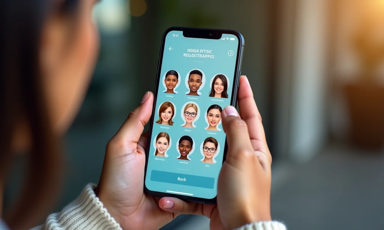 Mãos segurando celular com aplicativo de cadastramento biométrico.