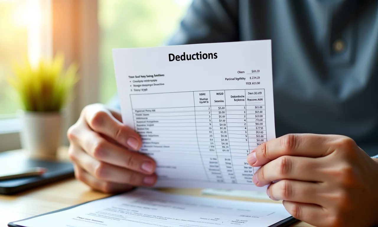 Mãos segurando contracheque com descontos de INSS e IR.