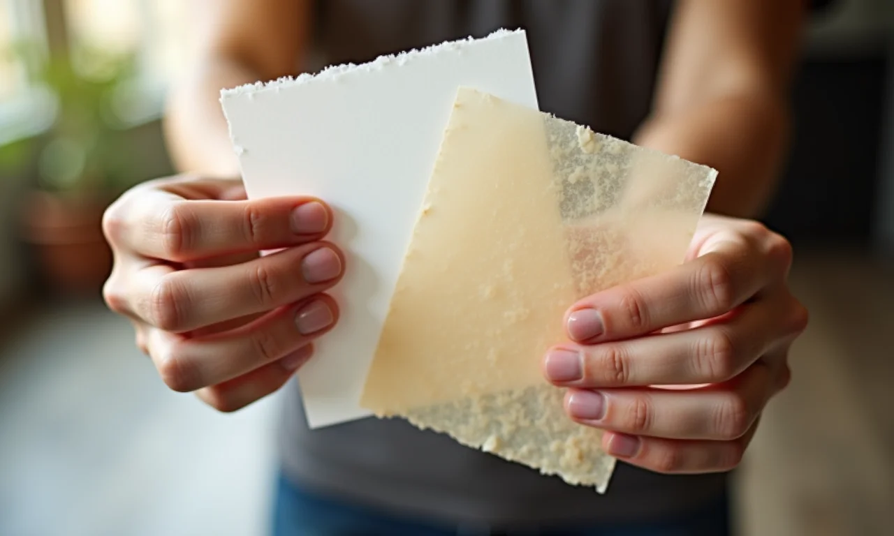 Mãos segurando diferentes tipos de papel para lanterna, testando a transparência.