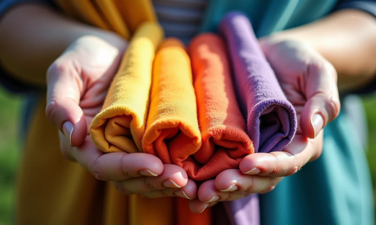 Mãos segurando diferentes tipos de tecidos coloridos.