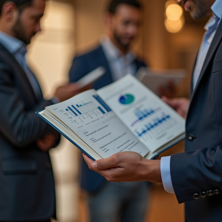 Mãos segurando livro sobre análise de mercado, com equipe trabalhando ao fundo.
