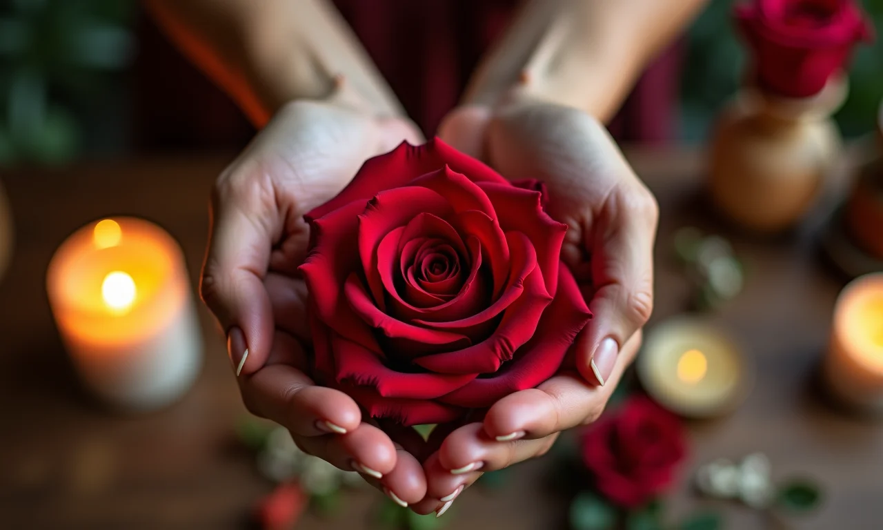 Mãos segurando rosa vermelha em oferenda à Pomba Gira