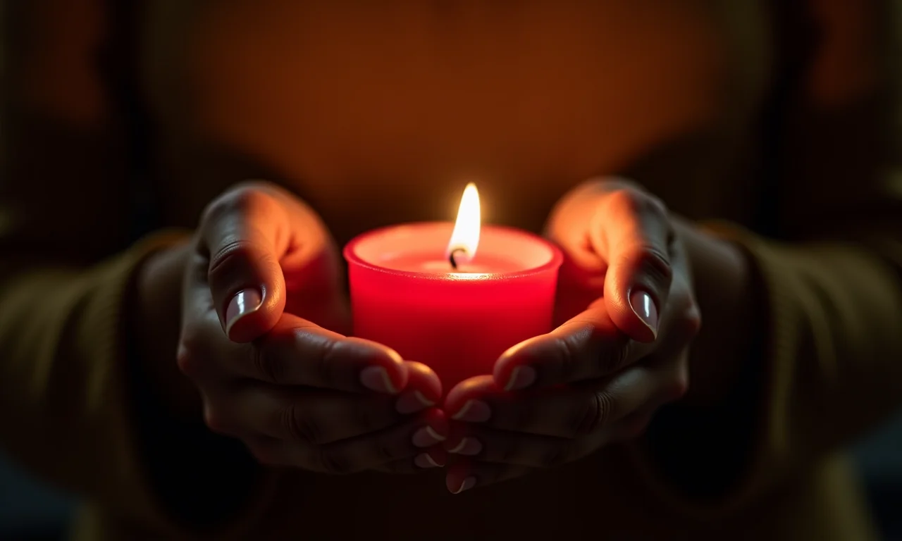 Mãos segurando vela vermelha para pedido à Pomba Gira
