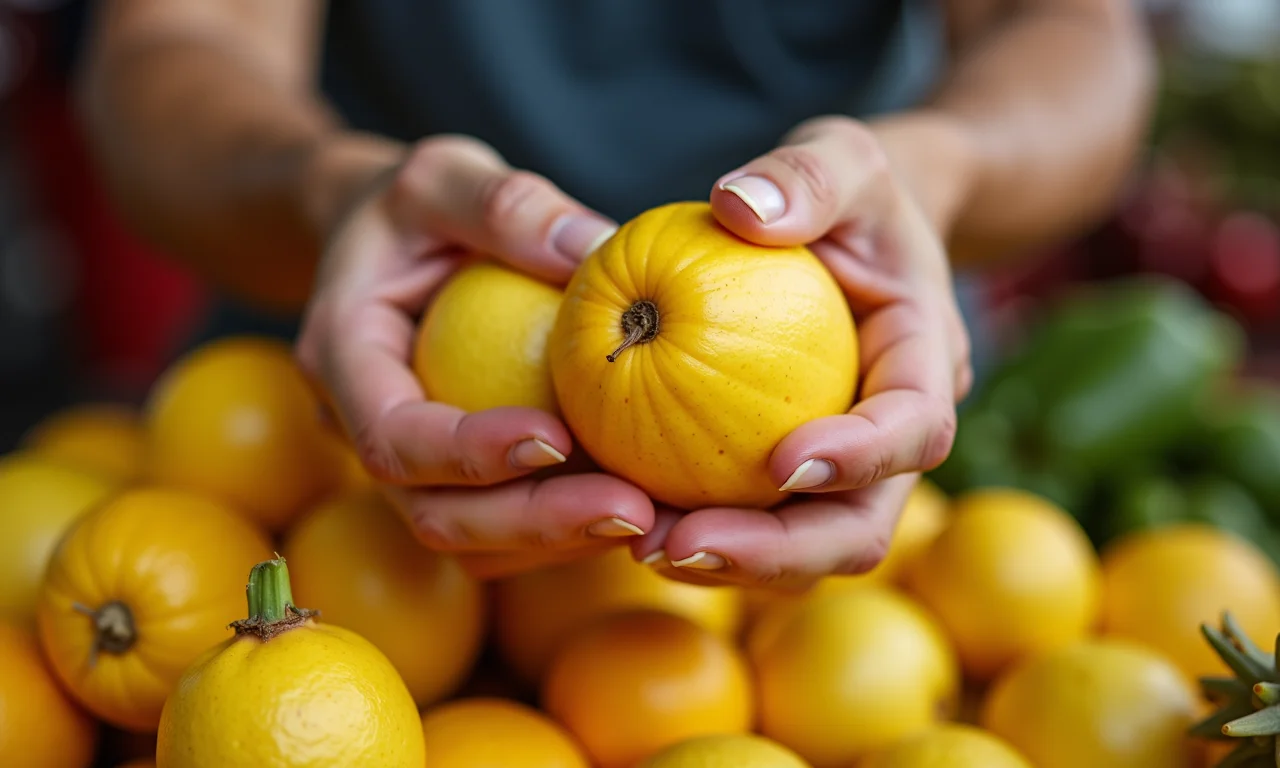 Mãos selecionando cubius frescos em um mercado brasileiro, demonstrando como escolher e conservar a fruta.