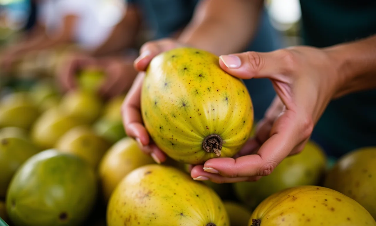 Mãos selecionando graviolas frescas em um mercado local brasileiro.