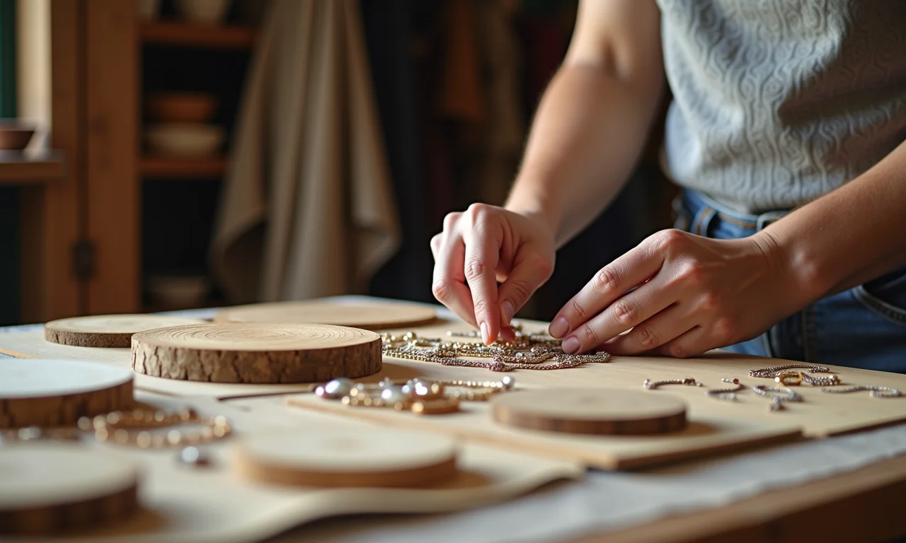 Mãos selecionando materiais para a base de um mostruário de joias.