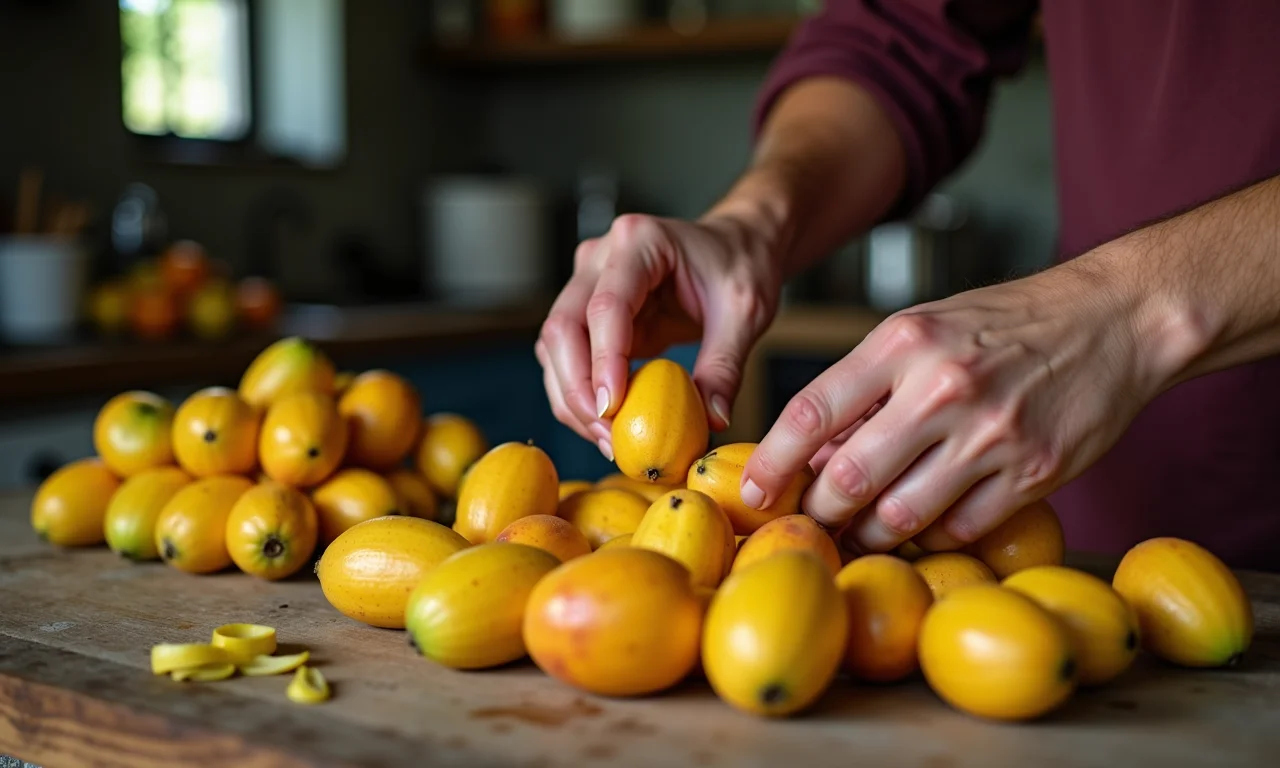 Mãos selecionando umbus frescos em uma mesa de madeira.