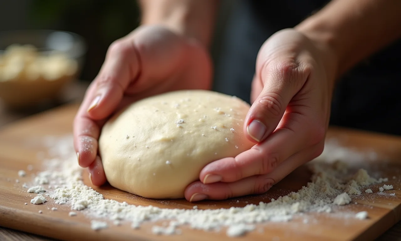 Mãos sovando a massa da coxinha corretamente.